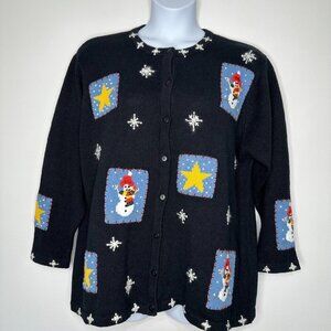 Vtg The Quacker‎ Factory Snowman Cardigan Sweater 1X Black
